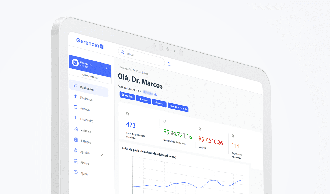 Painel financeiro do Gerencia Doctor em um tablet